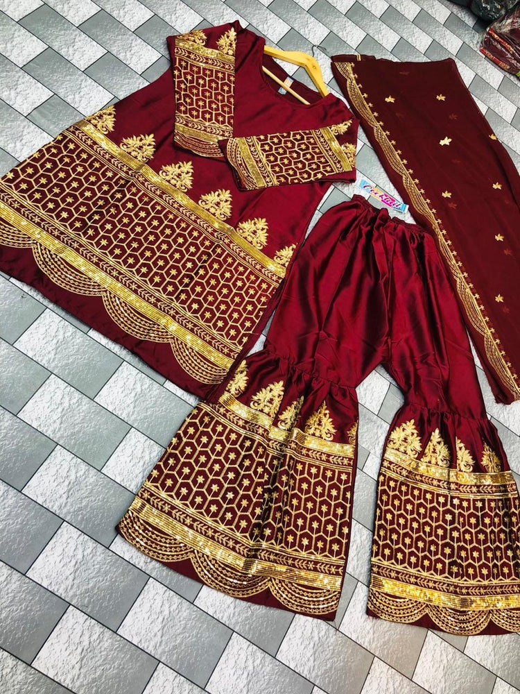 Elegant Maroon Shamoz Silk 3-Piece Embroidered Gharara Set