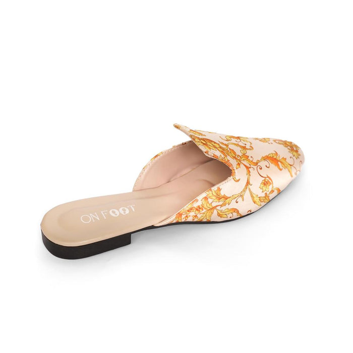 Elegant Off-White Printed Fabric Mules for Women – Perfect for Casual & Formal Wear  Description: