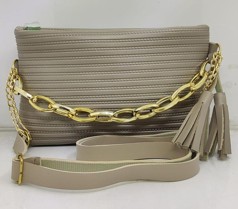 Title: Elegant Textured Rexine Handbag – Skin Color, Long Strip Handle