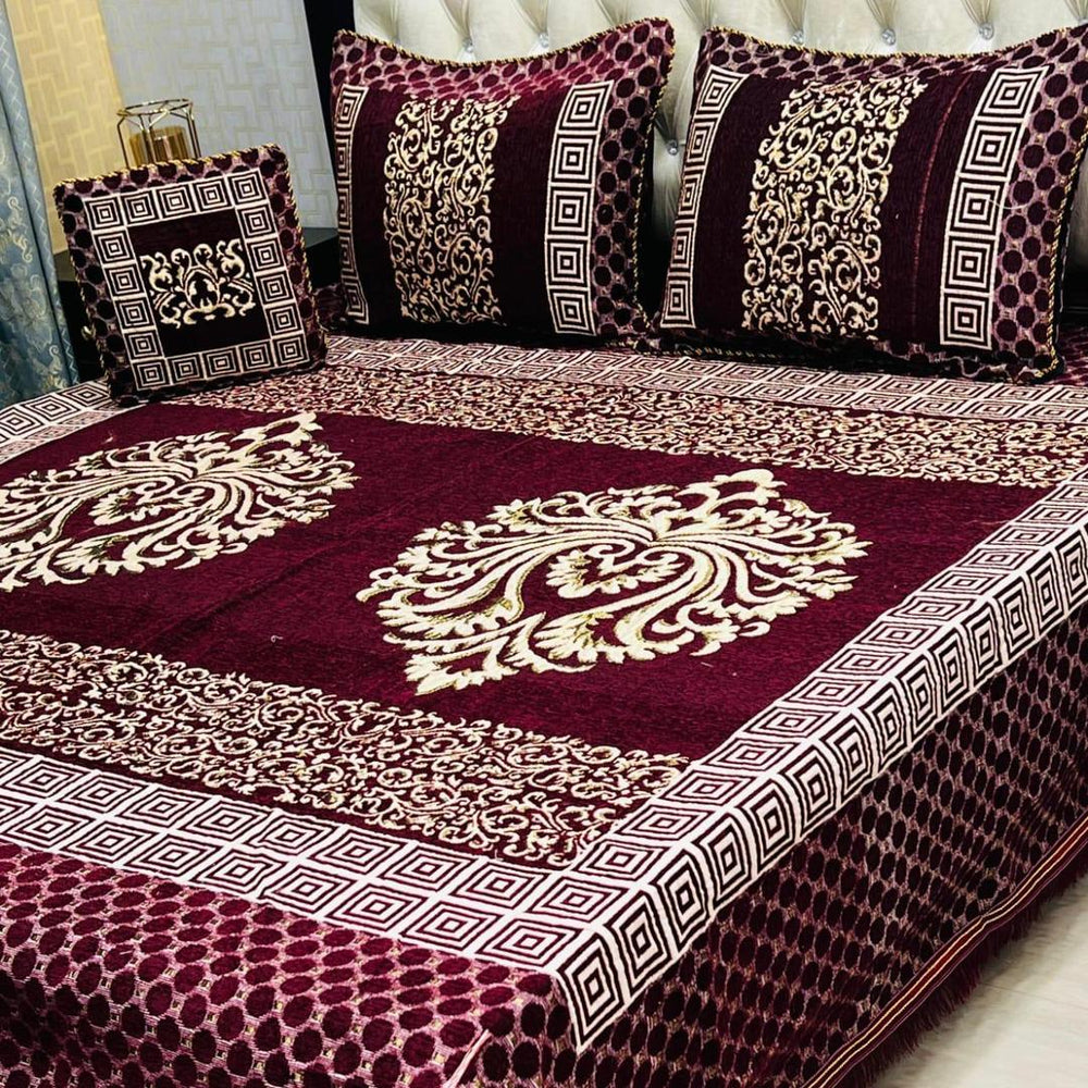 Luxurious Maroon Velvet Jacquard Embroidered Double Bed Set – 4-Piece