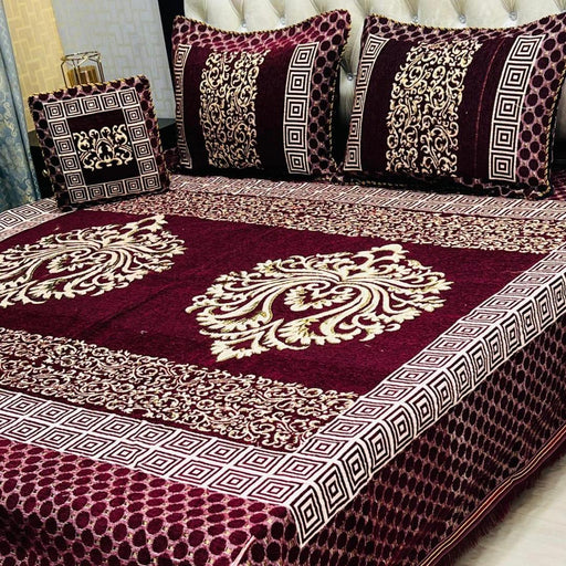 Luxurious Maroon Velvet Jacquard Embroidered Double Bed Set – 4-Piece