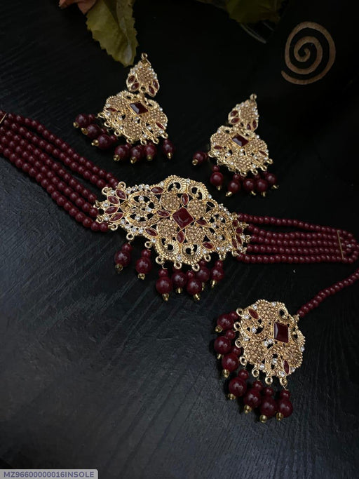 Exquisite Maroon Zircon Bridal Choker Set – 4-Piece Gold-Plated Jewelry