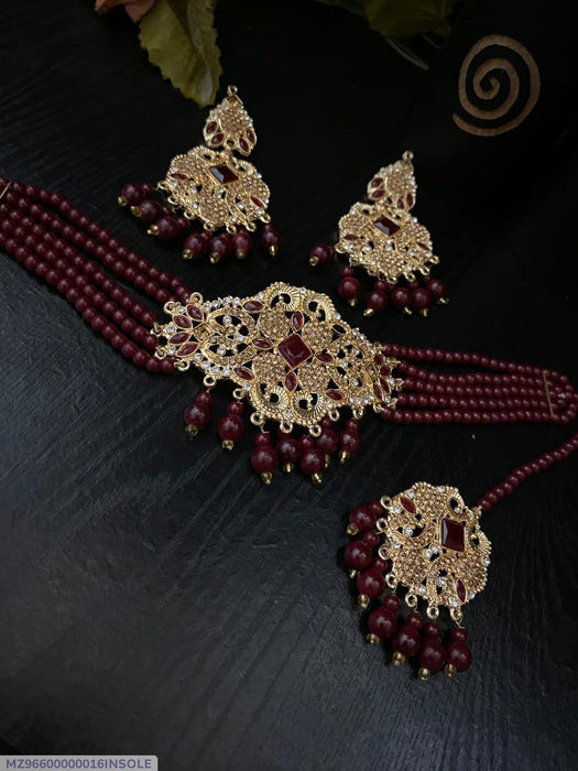 Exquisite Maroon Zircon Bridal Choker Set – 4-Piece Gold-Plated Jewelry