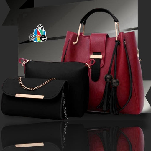 Elegant Maroon Rexine Handbag Set – 3-Piece Top Handle Collection for Girls