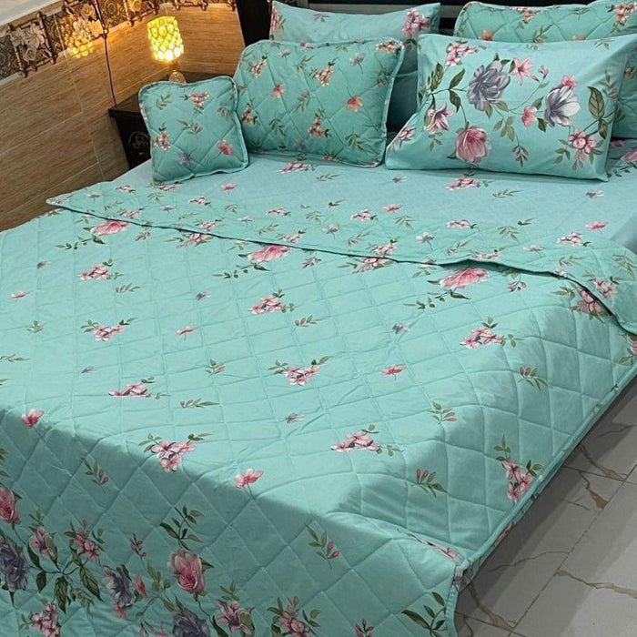 7-Piece Cotton Salonica Bedding Set – Turquoise Printed Design (Double Bed)