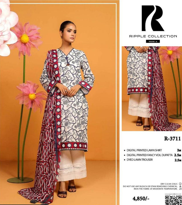 Elegant Off-White 3-Piece Lawn Suit – Printed Shirt & Dupatta with Plain Trouser