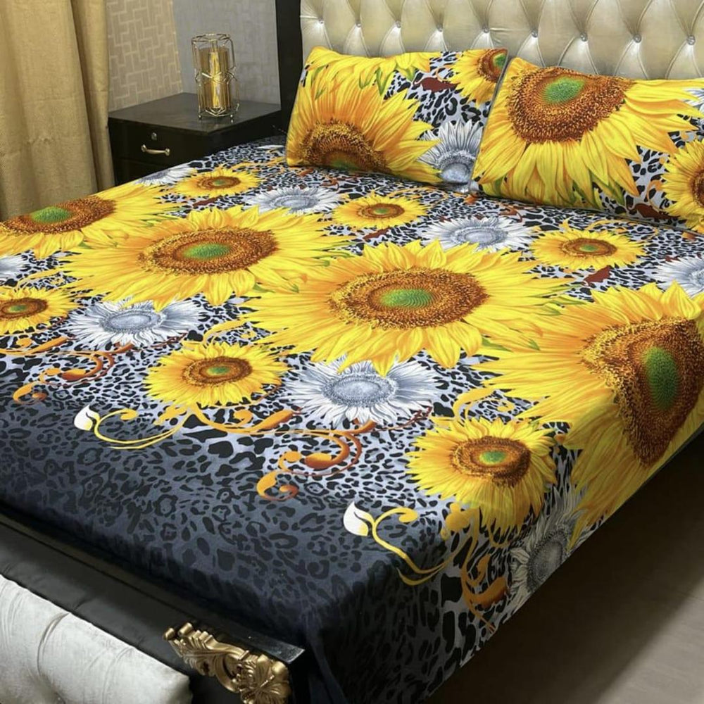 Luxury Yellow Printed Crystal Cotton Double Bed Sheet Set – 3 Pcs