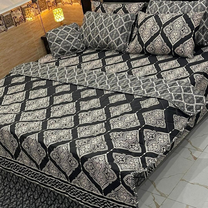 Luxury 7-Piece Cotton Salonica Bedding Set – Black Printed Design (Double Bed)