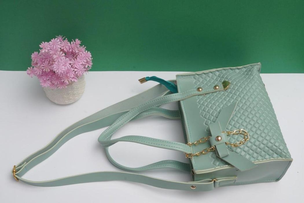 Stylish Green Textured PU Leather Handbag for Women | Top Handle & Strap