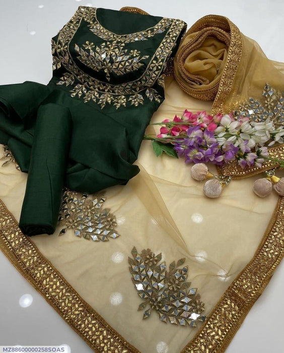 Elegant Green Katan Silk Mirror Work 3-Piece Suit