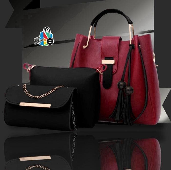 Elegant Maroon Rexine Handbag Set – 3-Piece Top Handle Collection for Girls