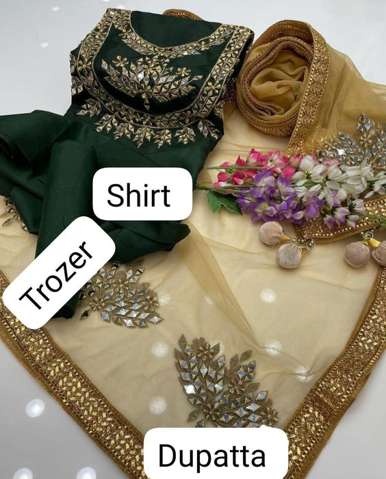 Elegant Green Katan Silk Mirror Work 3-Piece Suit