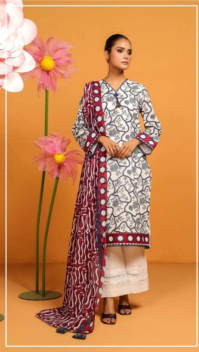 Elegant Off-White 3-Piece Lawn Suit – Printed Shirt & Dupatta with Plain Trouser