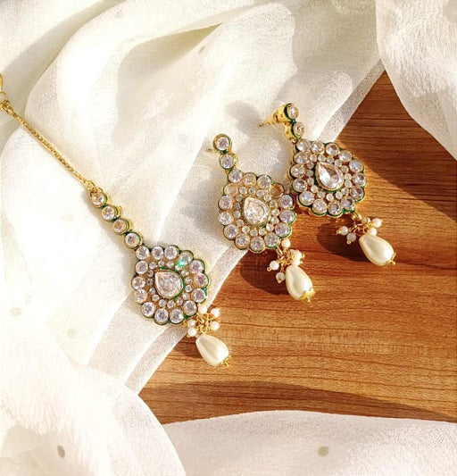 Indian Kundan Bindia & Earrings Set – Gold-Plated with Meena Details