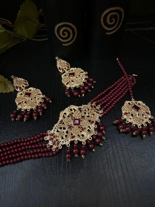 Exquisite Maroon Zircon Bridal Choker Set – 4-Piece Gold-Plated Jewelry