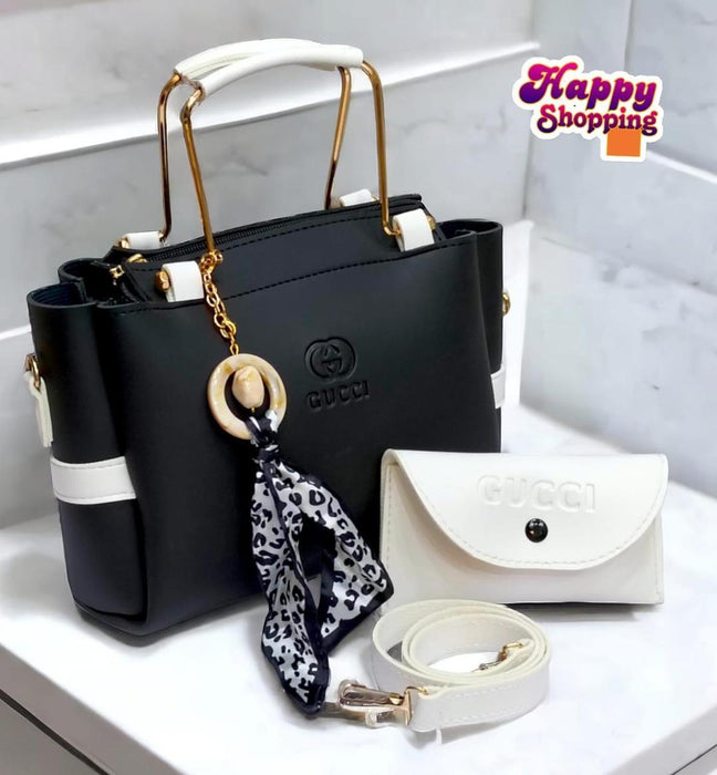 Elegant Black Rexine Handbag Set for Girls | 2 Pcs | Top Handle