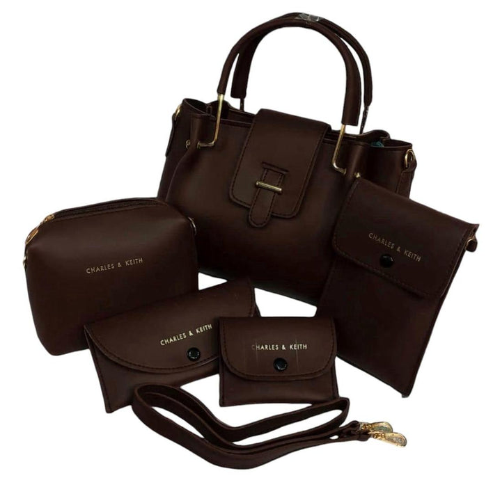 5-Piece Leather Handbag Set for Girls – Elegant Brown Collection