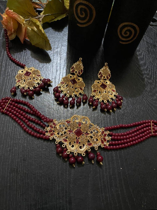 Exquisite Maroon Zircon Bridal Choker Set – 4-Piece Gold-Plated Jewelry