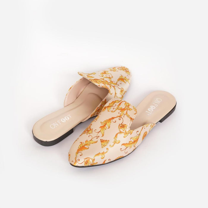 Elegant Off-White Printed Fabric Mules for Women – Perfect for Casual & Formal Wear  Description: