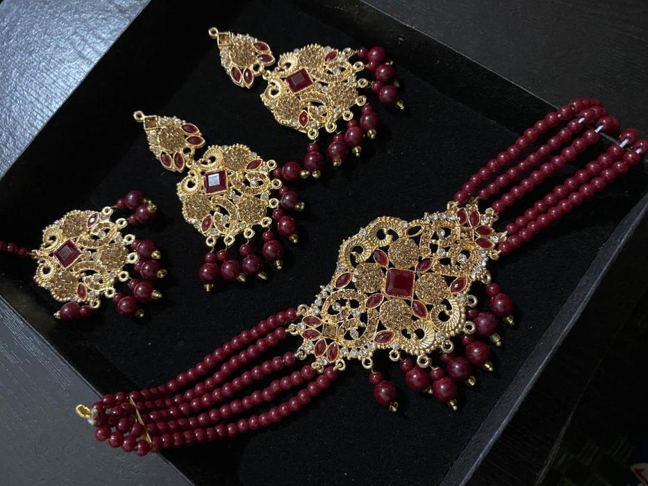 Exquisite Maroon Zircon Bridal Choker Set – 4-Piece Gold-Plated Jewelry