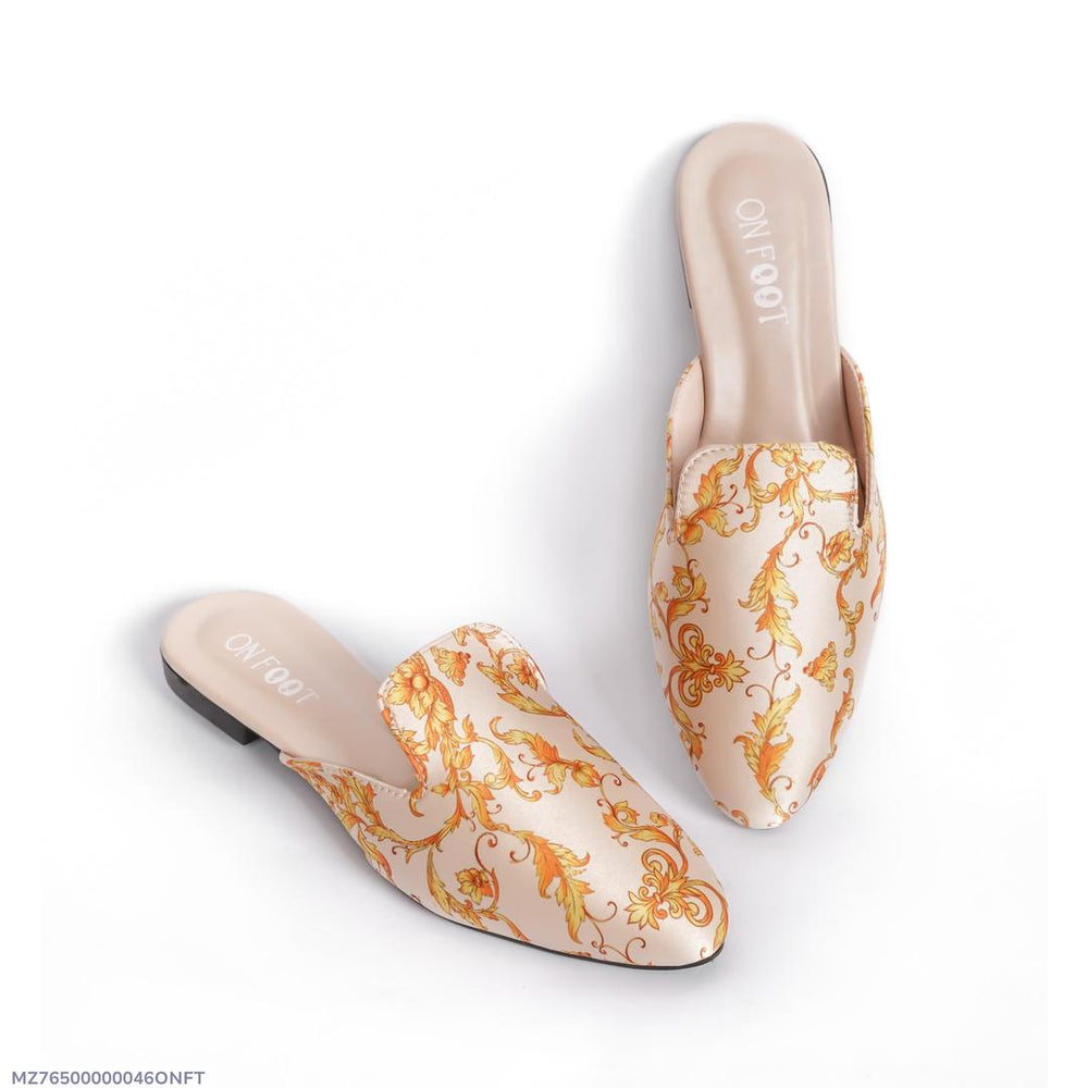 Elegant Off-White Printed Fabric Mules for Women – Perfect for Casual & Formal Wear  Description: