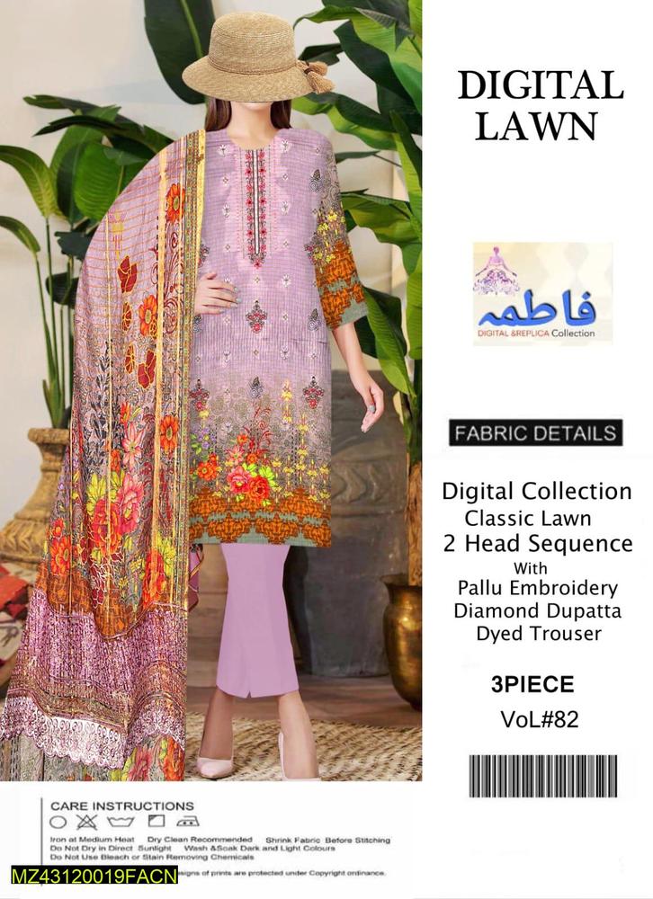 Elegant Purple Printed Lawn Shirt with Plain Trouser & Embroidered Dupatta – 3-Piece Set