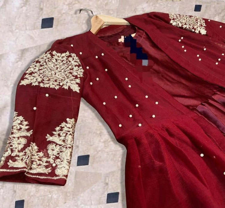 Elegant Maroon Shamoz Silk 3-Piece Embroidered Dress Set